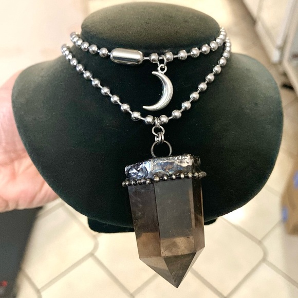 Big black Smokey crystal quartz stone boho charm moon necklace - Picture 15 of 15
